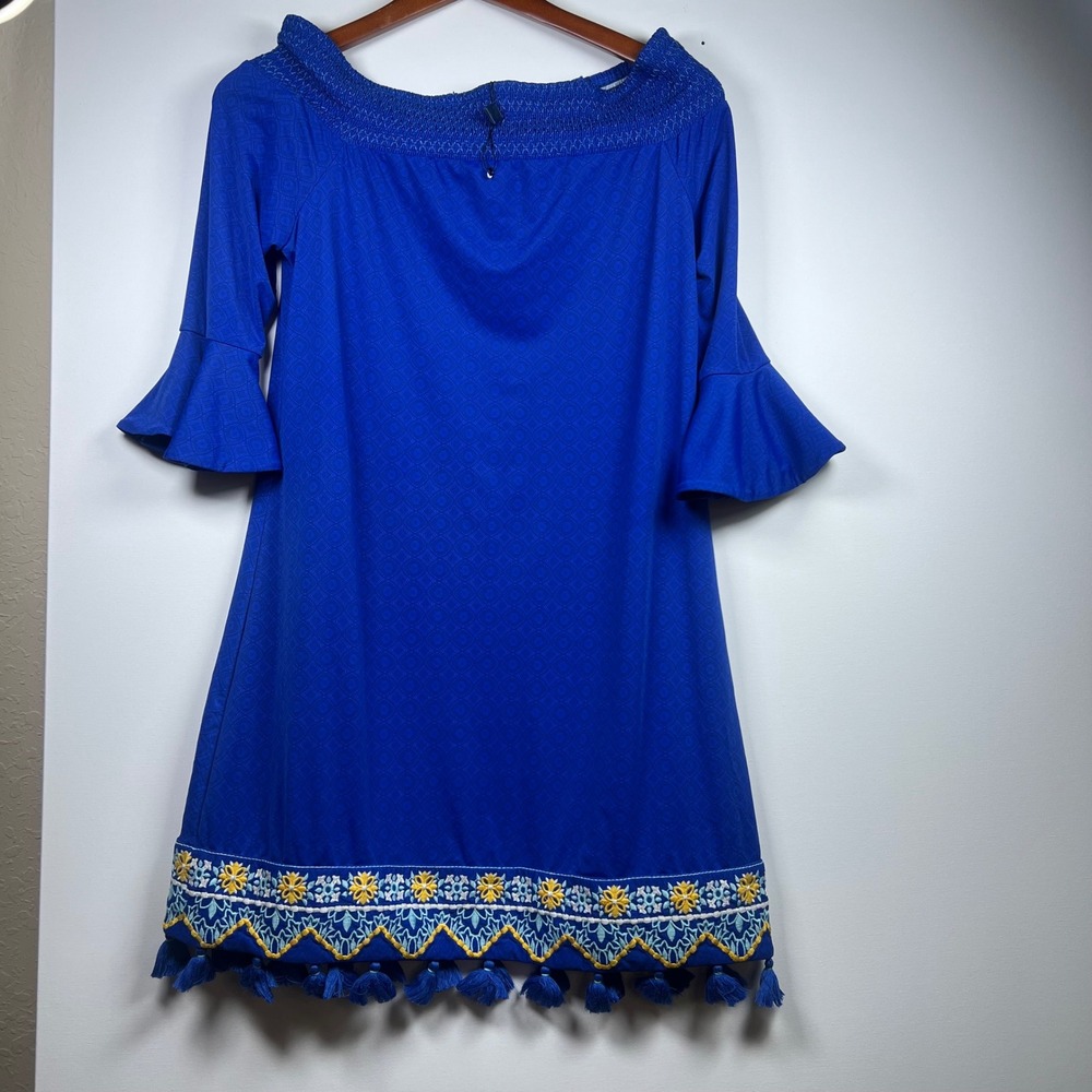 Cabana Life Shift Dress Resort Boho Tassel Embroidered M Blue Coastal Tassels - Picture 2 of 11